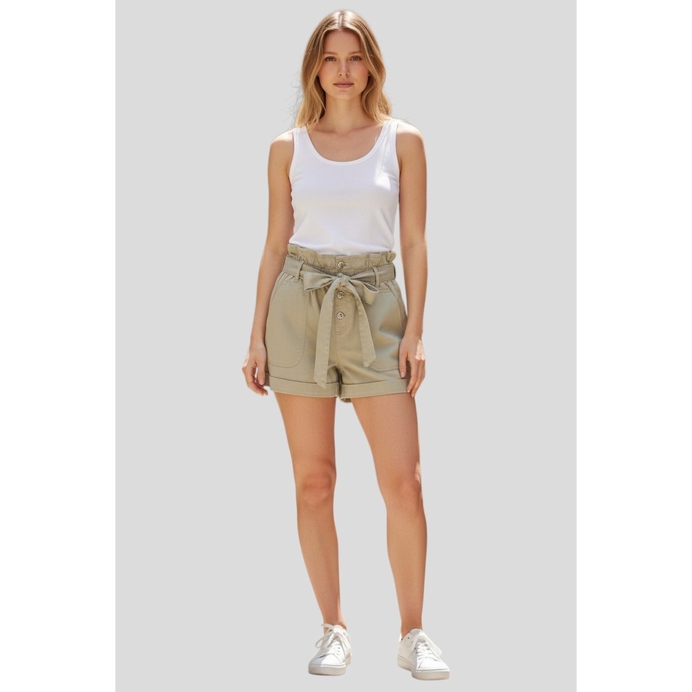Love Tree Denim Paperbag Waist Shorts Sage Green High Rise Button Fly‎ SZ M NEW